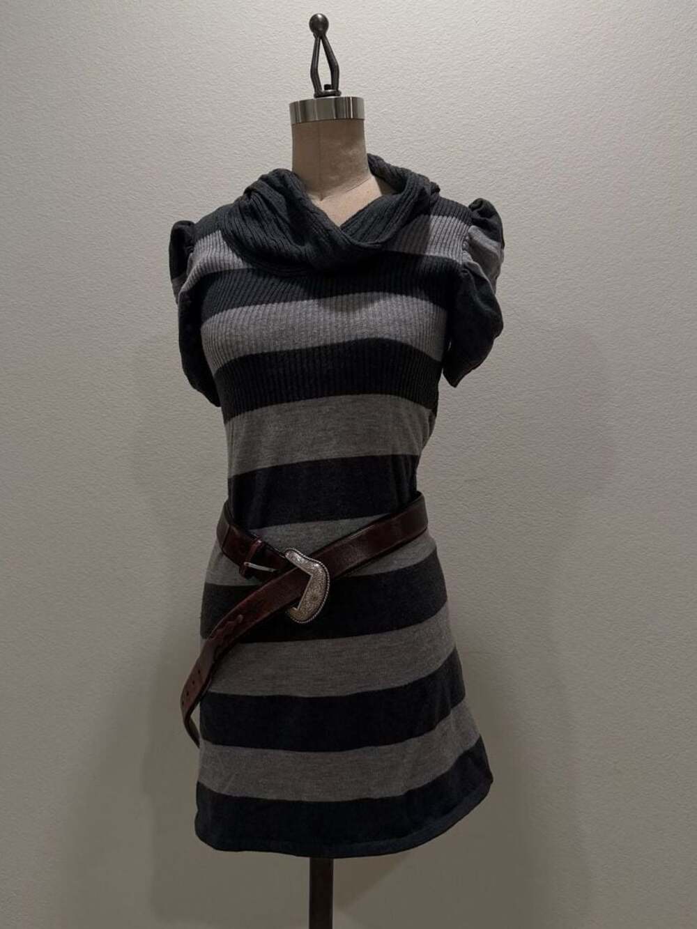 Gray and Black Striped Cowl Neck Knit Sweater Dress with Puff Sleeves